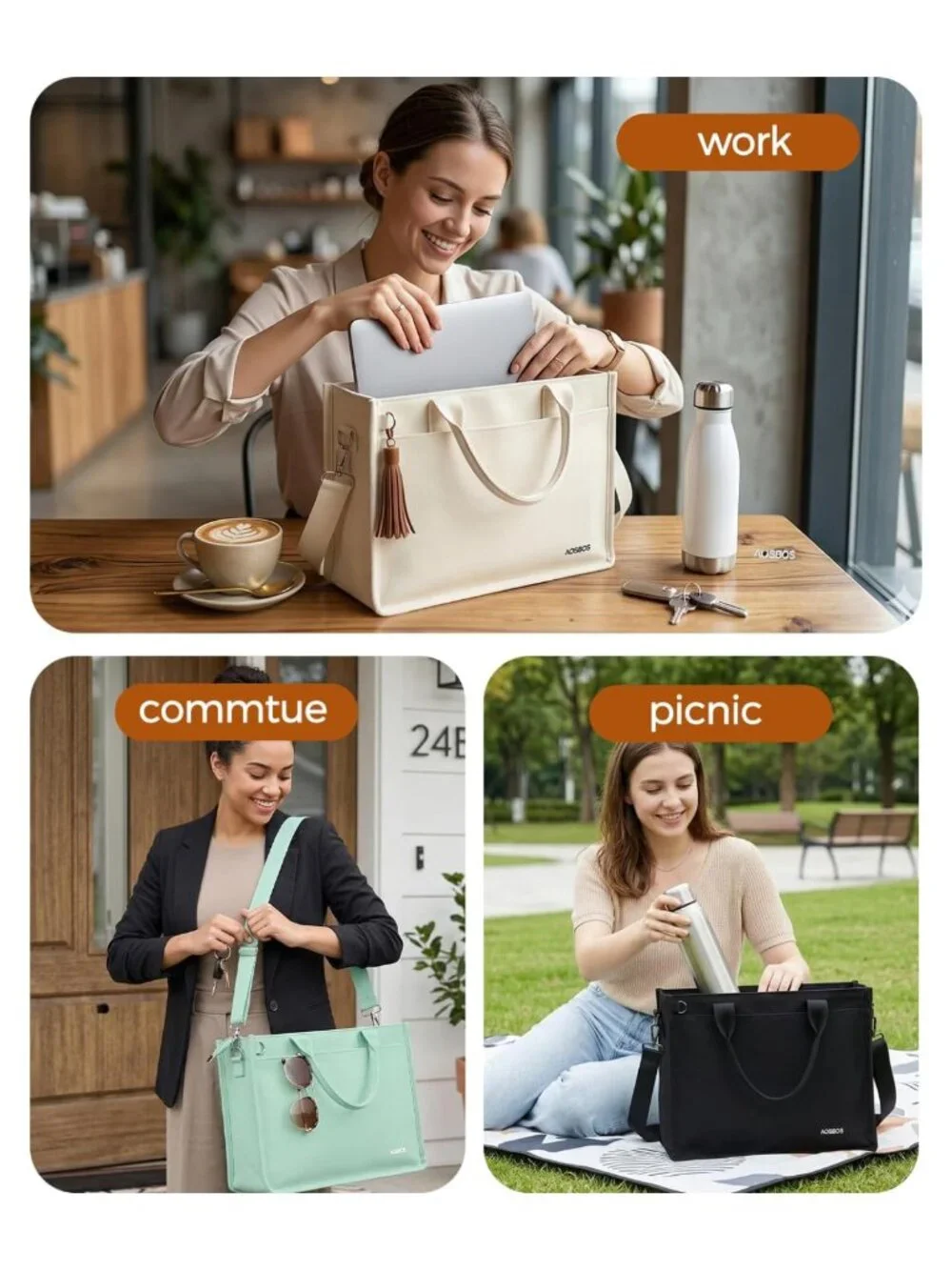 Aosbos Canvas Tote Bag with Zipper 14